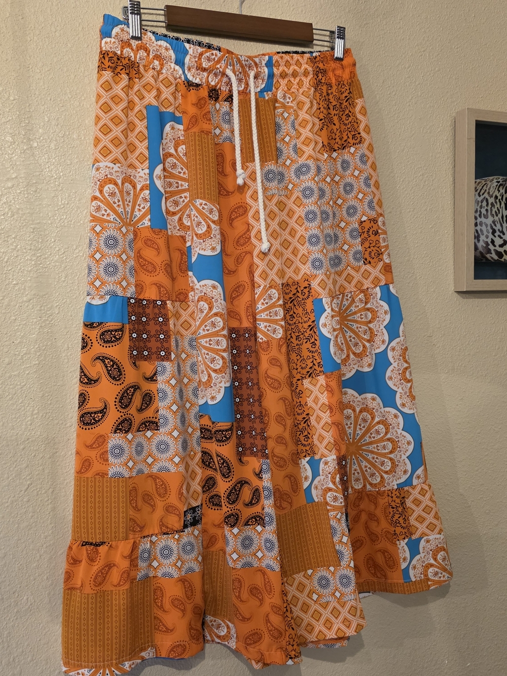 Sheer Orange & Blue Patchwork Wide Leg Pants